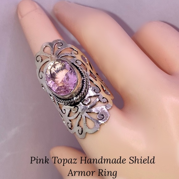 Radiant Pink Topaz Gemstone Handmade Shield Armor Filigree Ring - Picture 1 of 6